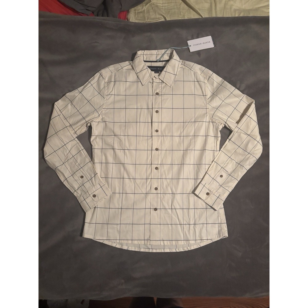 Fisher + Baker Richmond Shirt Mens M White Navy Windowpane Cotton Silk Stretch